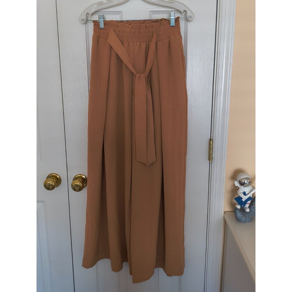 Women's S Light Brown Wide Leg Palazzo Pants High Rise Tie Waist